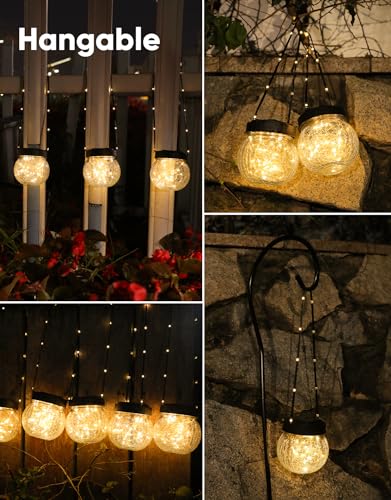 PARTPHONER Solar Lanterns Solar Lights Outdoor Waterproof 18-Pack, Solar Powered Hanging Lights Cracked Glass Hanging Globes for Christmas Decoration, Shepherd Hook, Garden Tree Ornaments - color: Black Cap Warm White Light, size: 18 Pack