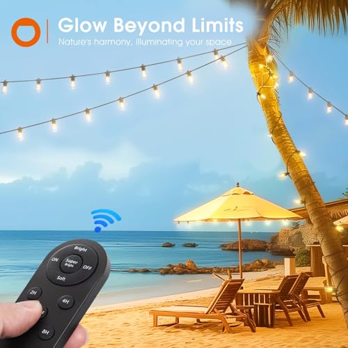 addlon 102FT(96+6) Solar String Lights Outdoor Waterproof with USB Charging & Remote Control - Dimmable Solar Power Patio Lights with LED Bulbs for Porch, Garden, Yard, Market, Bistro - Lasts 20+ Hrs - size: 96+6FT(32 Sockets)
