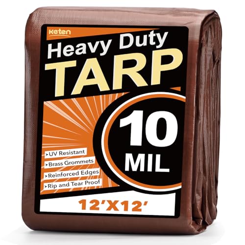 Keten Tarps Heavy Duty Waterproof 12X12Ft, 10 Mil Thick Multipurpose Poly Tarp Tear & Fade Resistant, UV Blocking, Outdoor Tarp with Reinforced Grommets for Roof, Camping, Patio, Pool (Brown/Silver) - color: 10mil Brown/Silver, size: 12x12ft
