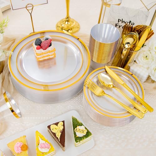 WELLIFE 450 PCS Clear Gold Disposable Dinnerware Set for 75 Guests, Clear and Gold Plastic Plates for Party, 75 Dinner & Salad Plates, Cups, Spoons Forks Knives for Wedding and Party Anniversary - color: Clear Gold, size: 75 Guests