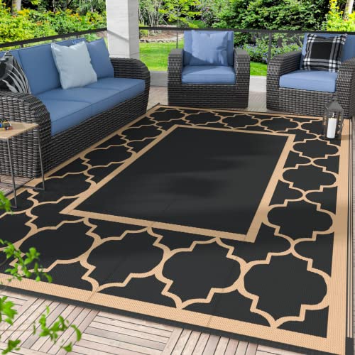 GENIMO 5' x 8' Outdoor Rug Waterproof for Patio Decor, Foldable Reversible Plastic Straw Area Rugs Mat for Camper, Outside Carpet for Rv, Deck, Porch, Picnic, Beach, Balcony, Black & Brown - color: Black&brown, size: 5' x 8' (Rectangular)