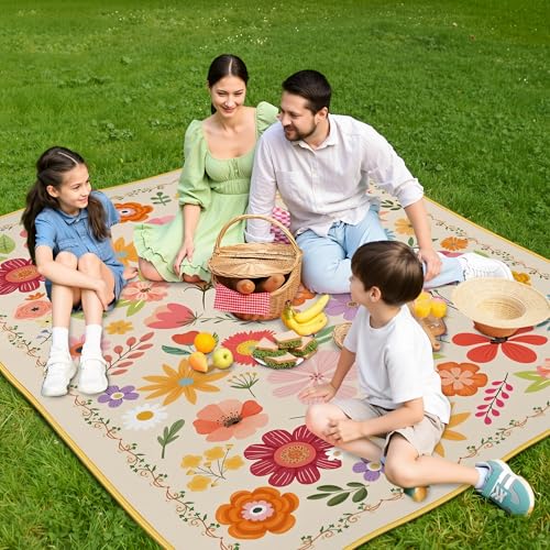 Supfitness Extra Large Picnic Blankets Waterproof Foldable (60 "x 80") Beach Blanket Waterproof Sandproof,3-Layer Thicking Mat Outdoor Packable Camping Blanket - color: Flora, size: 60x80in