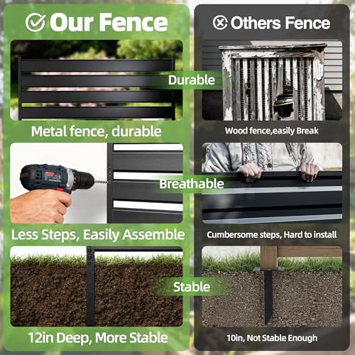 Air Conditioner Fence & Patio Privacy Screen – 40" W x 70" H Metal Privacy Fence Panel | Outdoor Privacy Panels for AC Units, Trash Cans & Pools | No-Dig Fencing for Patio Privacy & Gardens (Black) - color: Black