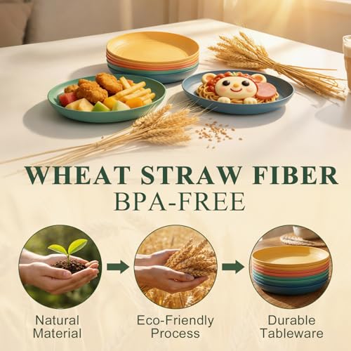 Wheat Straw Plate 8 Inch, Unbreakable Dinner Plates Sets for 8, Plastic Plates Reusable, Microwave and Dishwasher Safe Kitchen Plate for Cake, Dessert, Side Salad - Multi - color: Multicolor, size: 8 Inch