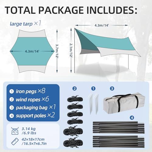 12X14FT Camping Tarp with 2 Poles, UV UPF50+ Lightweight Car Awning Sun Shelter, PU3000 Waterproof Tarp for Camping, Hiking and Backpacking Trips - color: Light Green