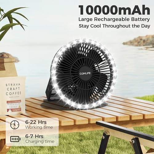 Portable Camping Fan with LED Lantern, 24HRS Running 8inch Rechargeable Tent Fan, Powerful 3-Speed 180° Rotate with Hook, Quiet for Outdoor RV Travel Fishing Hurricane Emergency Power Outage - size: 8 inch