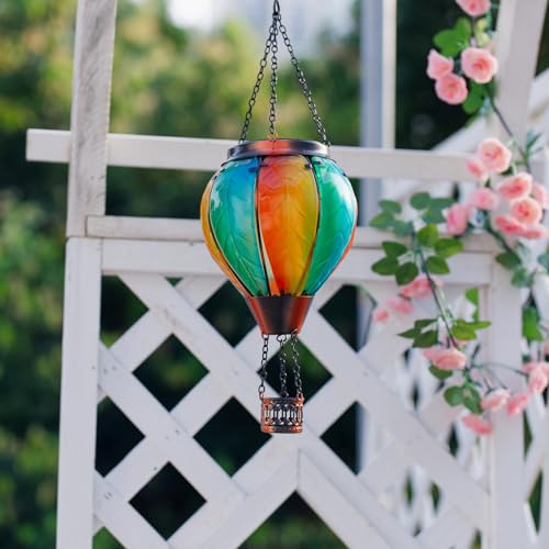 Hanging Solar Hot Air Balloon Lantern with Flame, Glass Hot Air Balloon Solar Lantern Outdoor Waterproof, Solar Powered Hot Air Balloon Lantern Decorative for Outside Garden Yard (Orange) - color: Orange