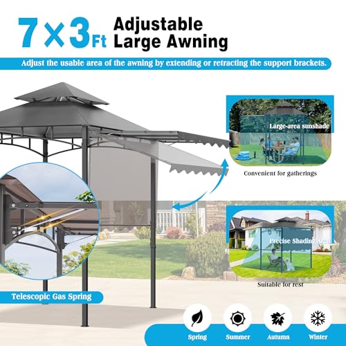 TITIMO 8'x 8' x 7.8' Double Tiered Grill Gazebo with Side Awning,Outdoor Patio BBQ Pergola, Heavy-Duty Metal Frame Canopy Tent with Side Shelves,Hooks,Bottle Opener for Lawn Deck and Garden (Gray) - color: Gray