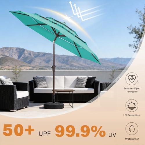 JEAREY 9FT 3 Tier Patio Umbrella Outdoor Market Umbrella Table Umbrellas with 8 Ribs 1.5 Pole Push Button Tilt and Crank UV Protection for Garden,Peacock Blue - color: Peacock Blue
