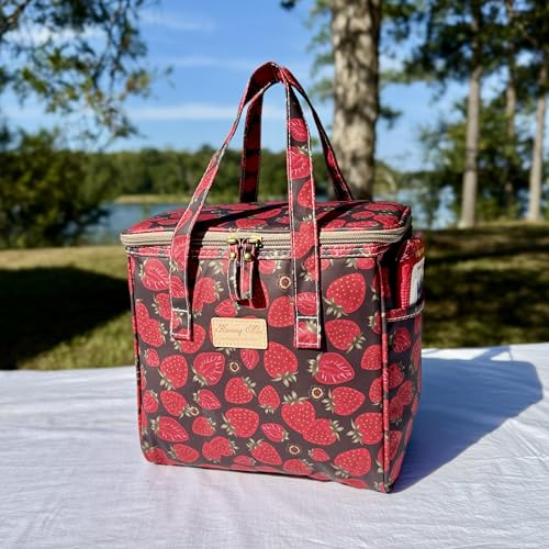 Kwang Min Floral Insulated Lunch Bag for Women,Reusable Lunch Box,Large Cooler for Office,Picnic Outdoors,Premium Quality Waterproof Fabric,Ideal Gift for Outdoors and Work (Chocolate Strawberry) - color: Chocolate Strawberry