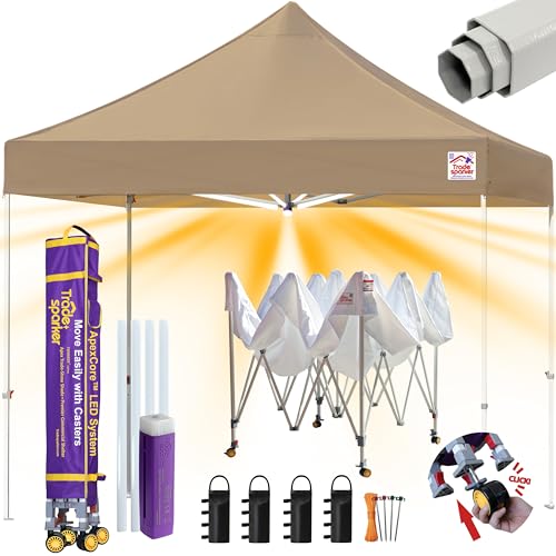 Tradesparker 10x10 Pop Up Canopy Tent,Commercial Movable Canopy with ApexCore LED&Rugged Casters-Instant Easy Setup Shelter Canopies with Weight Bags&Stakes for Outdoor Events Markets Vendors,Beige - color: Beige, size: 10x10