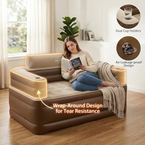 Inflatable Couch with Cup Holder, Velvety Blow Up Couch for Adults with Electric Pump, Air Sofa for Camping & Home, 60"x32"x34" - size: Large