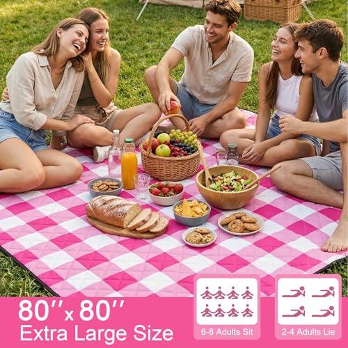 2 in 1 Tote Picnic Blanket Waterproof Outdoor Camping Mat，Large Capacity Beach Blanket 80''x80'' 7 Layers Easy to Foldable and Carry. - color: Pinkcheck