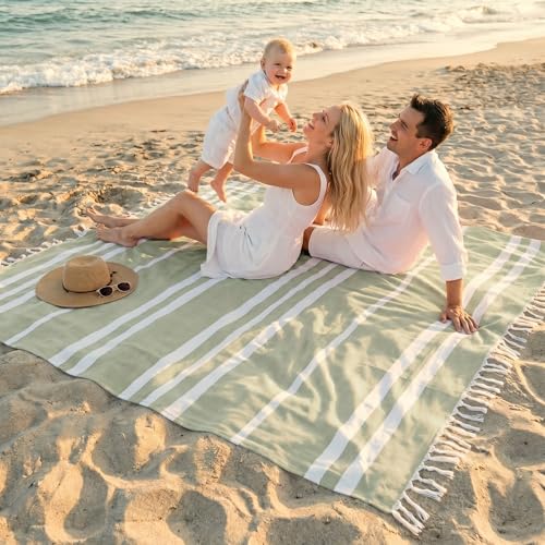ZICOTO Beautiful Extra Large Beach Blanket with Tassels - Soft Oversized Turkish-Style Beach Towel for Relaxing Beach Days with the Whole Family - Lightweight Quick-Dry Picnic Blanket for Adults - color: Sage
