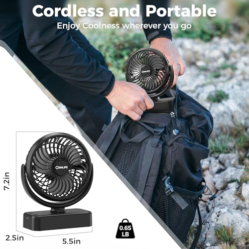 Camping Fan with LED Lantern - Rechargeable Battery Operated Fan, 35H Run Time Max, 3 Speeds, Portable Desk Fan with Hook for Tent Car RV Outdoor Emergency Outage Hurricane - size: 5.5 inch
