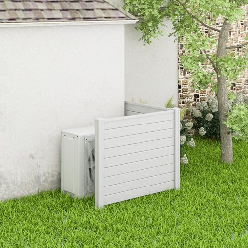 HAPPYGRILL Air Conditioner Fence 2 Panels, Outdoor Privacy Screen with Metal Stakes, No Dig Pool Equipment Enclosure, 48" x 38" Trash Can Screen Fence Kit for Outside Backyard, White - color: White, size: 48''W x 38''H (2 Panels)