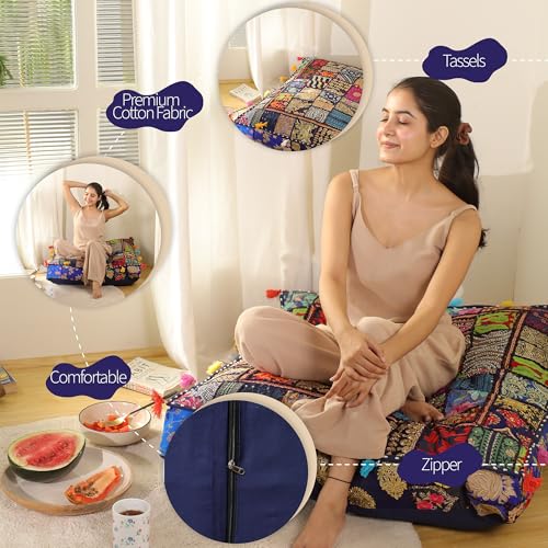 THE ART BOX Cotton Patchwork Vintage Boho Embroidered Floor Pillows & Cushion Cover Dog Pouf Seating Pouf Meditation Pillow Pet Bedding Cat Bed Boho Home Décor (35x35 Inches, Cover Only) - color: Blue