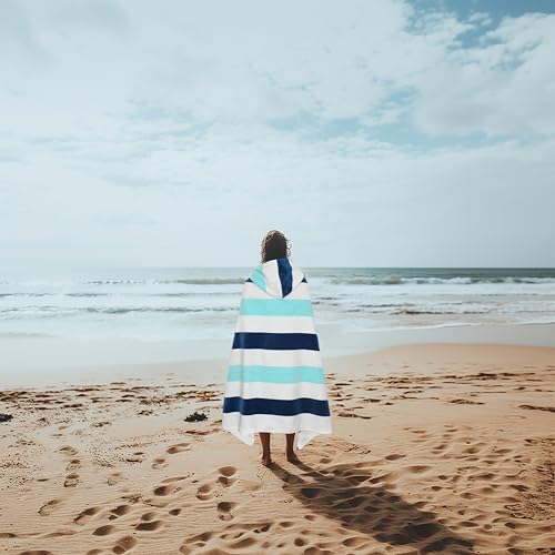 COTTON CRAFT Hooded Beach Towel - Oversized XXL 35x84 Towel with Hood for Adults - The Big Kahuna 7 Foot Beach Blanket Towel - Big & Tall Soft 100% Cotton Velour - Pool Bath Wrap - Cabana Stripe Blue - color: Ocean Blue, size: 1 Pack - 35x84 Hooded