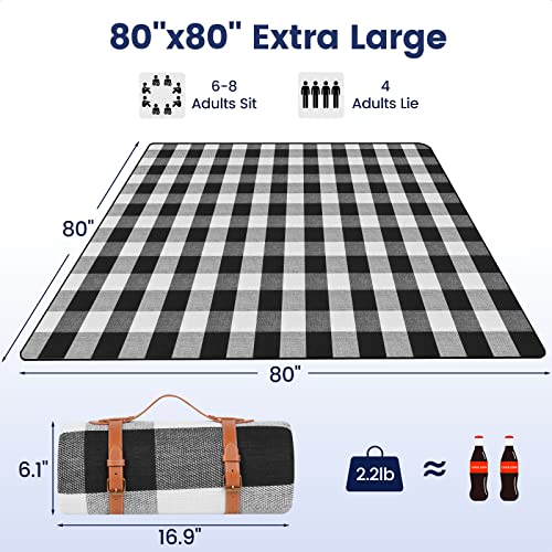 sapsisel 80”x 80” Picnic Blanket Extra Large, Waterproof and Foldable Beach Blanket, 3-Layer Outdoor Blanket for 6 to 8 Adults, for Camping, Park, Beach, Grass, Indoors… - color: Black & White Grids