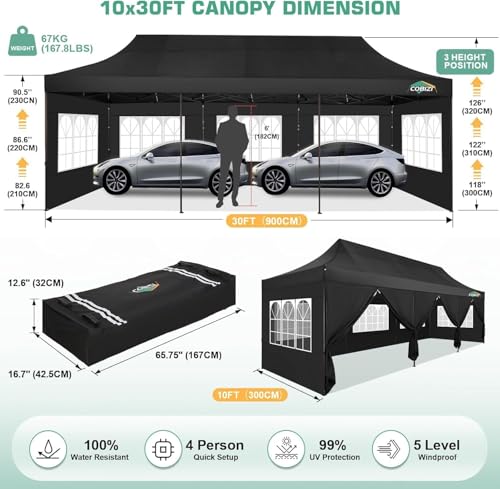 COBIZI 10x30 Pop Up Canopy Tent Heavy Duty with 8 Removable Sidewalls, Commercial Portable Tents for Parties Ez Up Canopy All-Weather Windproof & Waterproof and UPF 80+ Wedding Tent Sun Shelter - color: Night Black, size: 10x30FT