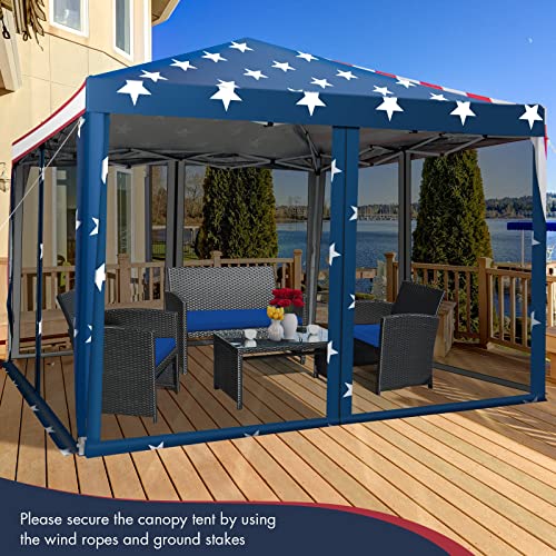 Tangkula 10x10 Ft Pop Up Canopy with Netting, Easy Up Canopy with Mesh Sidewalls, Carrying Bag, Adjustable Height, American Flag Outdoor Canopy with 100 Square Feet of Shade for Backyard, Lawn - color: Mix