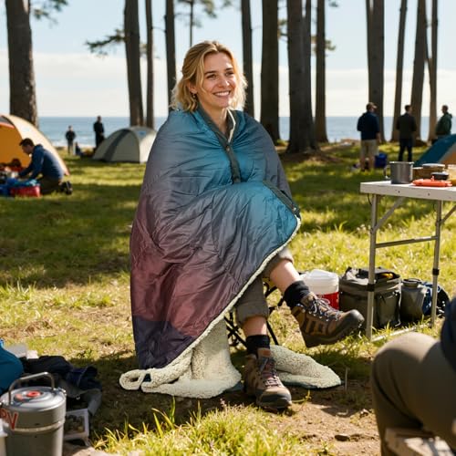 Outdoor Camping Blanket - Puffy Camping Blanket Packable,Sherpa Fleece Warm Blanket for Camping, Outdoors, Travel, Stadium, Festivals, Beach, Hammock 56"x 78" Machine Washable, DWR, Lightweight - color: Pink Dawn Hues, size: 78 x 56 inches
