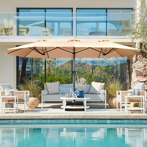 SUPERJARE 13FT Outdoor Umbrella for Patio, Double sided Pool Umbrellas with Fade Resistant Canopy, Large Table Umbrella for Deck, Market, Backyard - Beige(No Base) - color: Beige, size: 13FT