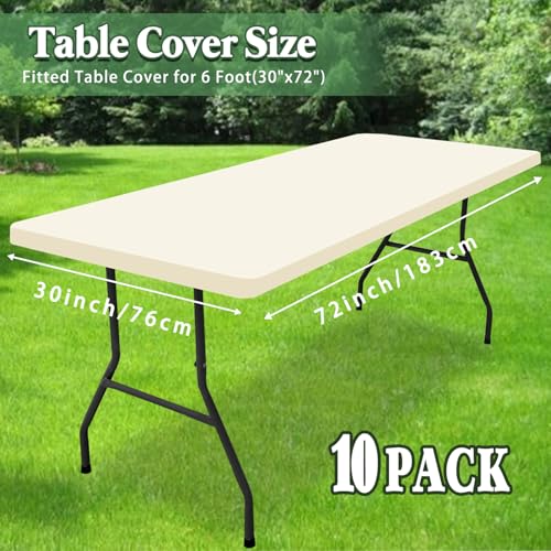 6 Foot Table Cover Fitted 10 Pack Picnic Elastic Tablecloth for Rectangle Tables Waterproof Stretch Washable Folding Indoor Outdoor Spandex Table Cloth for Parties Banquet Camping (Beige,30" x 72") - color: Beige, size: 30"x72" (Pack of 10)