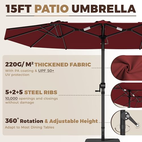 GDPFN 15FT Large Patio Umbrella with Base Included, Outdoor Deck Standing Umbrella with Crank Handle, Double-Side Rectangular Pool Umbrella for Outside, Market, Patio, Burgundy - color: Burgundy, size: With Base-no Led