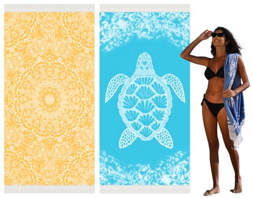 Widdonen 2 Pack Turkish Beach Towel Quick Dry Absorbent Cotton Lightweight Thin Bathroom Bath Pool Swim Towels Extra Large Oversized Sand Free Beach Accessories Essentials Stuff Cloud Adults Gift - color: 2 Pack Circle Turtle, size: X-large(79 X 36 Inches
