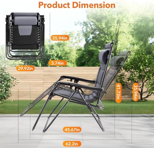 Simple Deluxe Relaxing Recliners Patio Chairs Adjustable Steel Mesh Zero Gravity Lounge Chair Beach Chairs with Pillow and Cup Holder, Black Grey - color: Black Grey, size: 62.2"(L) x 29.13"(W) x 41.73"(H)