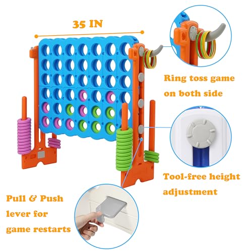 SDADI Height Adjustable Giant 4 in a Row Connect Game, 2-in-1 Jumbo 4-to-Score Game with Ring Toss Game Set, Indoor Outdoor Yard Game Party Game for Kids Adults and Family, Orange - color: Orange