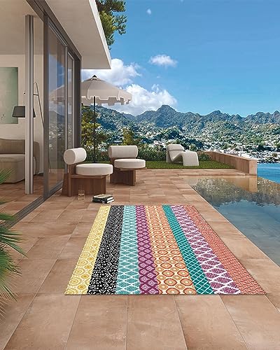 Large Outdoor Rug 4'x6' for Patio Indoor Outdoor Area Rug Art Boho Style Geometric Texture Purple Orange Rugs Outside Patio Rugs Camping Carpet Mat for Spring Picnic