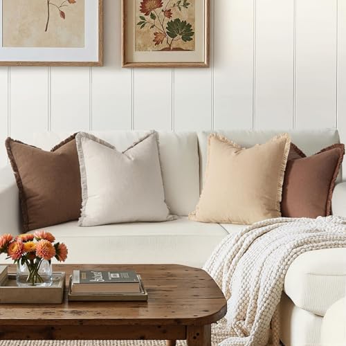 MIULEE Decorative Couch Pillow Covers Neutral Linen Fringe Throw Pillows Set of 4 Accent Rustic Cushions Boho Farmhouse Pillowcases for Bed Sofa Living Room Spring Home Decor 22x22 Inch Beige/Brown - color: Brown, size: 22" x 22" (Pack of 2)