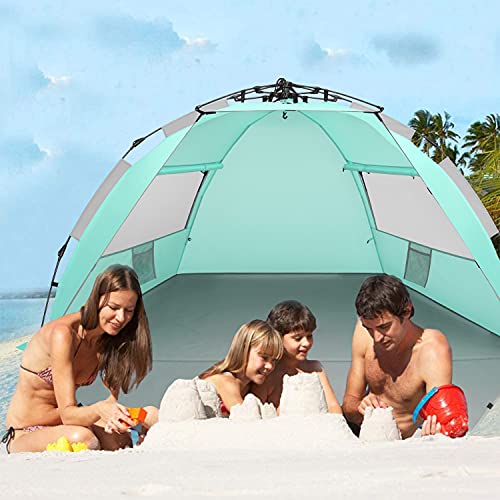 Oileus X-Large 4 Person Beach Tent Sun Shelter - Portable Sun Shade Instant Tent for Beach with Carrying Bag, Stakes, 6 Sand Pockets, Anti UV for Fishing Hiking Camping, Waterproof, Light Green - color: Light Green