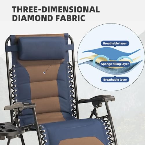 Zero Gravity Chair Oversized Padded Recliner with Adjustable Headrest & Cup Holder - 600D Oxford Folding Lounge Chair for Outdoor Camping, Patio, Poolside (Brown & Blue) - color: Brown & Blue, size: 1 Pcs