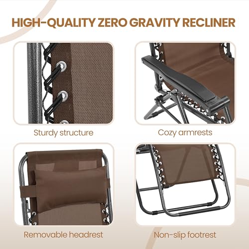 Yaheetech 26" Zero Gravity Recliners Outdoor Adjustable Folding Reclining Lounge Chairs w/Pillows, Cup Holder Trays and Carry Strap for Patio Backyard Beach Brown Set of 2 - color: Brown