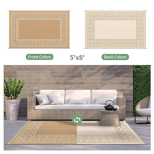 GENIMO Outdoor Rug 5'x8' Waterproof for Patio Decor, Reversible Outdoor Plastic Straw Rug Carpet, Camping Mats for Outdoor, RV, Backyard, Deck, Balcony, Picnic, Brown & Beige - color: Brown & Beige | Natural, size: 5' x 8' (Rectangular)
