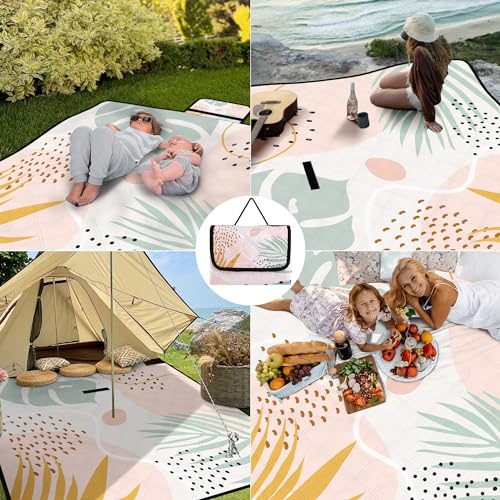 Picnic Blankets,79''x79'' Extra Large Sandproof Waterproof Beach Blanket,Foldable Portable 3-Layer Polyester Outdoor Picnic Blanket for Grass Lawn,Beach,Family Camping,Park,Travel-Tropical Leaves - color: Tropical Leaves