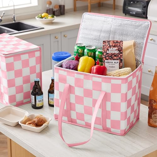 Ohocut Checkered Insulated Grocery Bags 2 Pack, Checkerboard Cooler Shopping Bags for Groceries, Insulated Bags for Food Delivery - color: Pink
