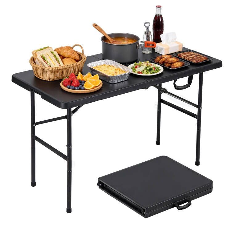 ZENY 4ft Portable Folding Table Plastic Indoor Outdoor Picnic Party Camp Dining Table with Handle, Black - color: Black, size: 48" x 24"