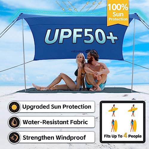 EasierHike Beach Shade Tent, 7 × 7.15 Ft Portable Easy Pop Up Beach Canopy, UPF50+ Sun Protection Shelter, Windproof & Water Resistant, Stable with 4 Sandbags & Windproof Cords, Perfect for Family - color: Royal Blue, size: 7x7.15 FT 2 Poles