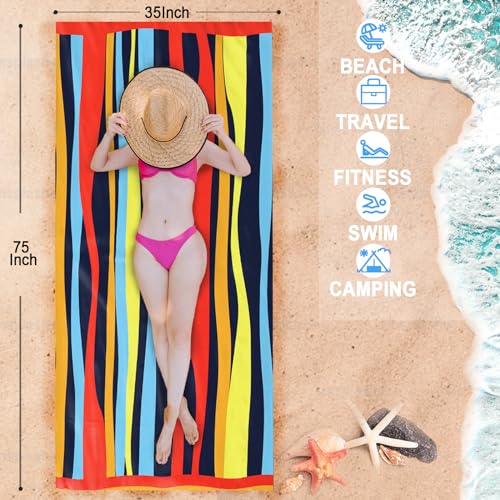 Bnuitland Colorful Hand-Drawn Lines Pattern Beach Towel (35X75 inches), Oversized Quick Drying Absorbent Sand Free, Lightweight Towels for Travel Swimming Pool Picnic, 88% Polyester and 12% Polyamide - color: Lines Colorful Red