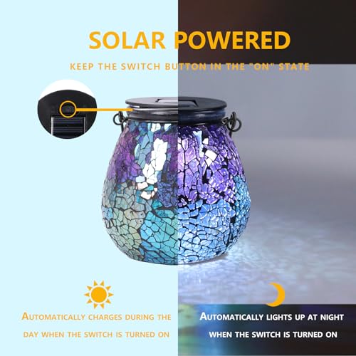 Afirst Mosaic Solar Lanterns Outdoor - Glass Hanging Solar Lights Hollow Out Waterproof Table Lamp Outdoor Decorative for Garden, Patio, Holiday Party Outdoor Decoration - style: ice-purple