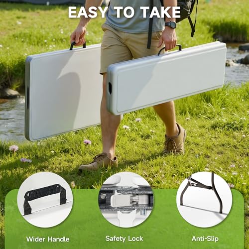 6FT Folding Table Set with 2 Folding Benches, Heavy Duty HDPE Materials, Locking Safety Design, 3-Piece Portable Folding Furniture for Camping, Picnic, Party, Indoor & Outdoor, White