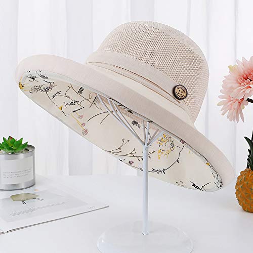 Women Mesh Sun Hats Summer Beach UV Protection UPF Packable Wide Brim Chin Strap - color: Yellowish-beige