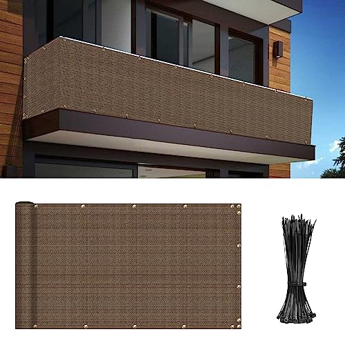 Balcony Privacy Fence Screen 3' x 10' Mesh Windscreen Fencing Shield Cover Included Cable Ties for Deck Apartment Porch Backyard Patio Outdoor, Brown