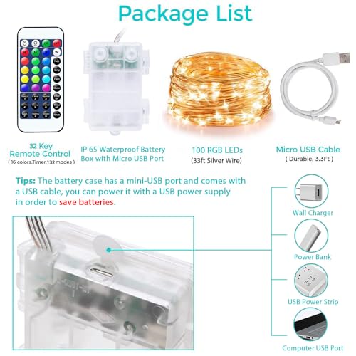 OMIKA LED Fairy Lights 33FT 100 LEDs Battery Operated String Light, Waterproof Multi Color Changing Fairy Lights with Remote for Indoor Outdoor Patio Wedding Party Xmas Bedroom Decoration - color: 16 RGB Colors (Battery+USB), size: 33 ft 100 LEDs