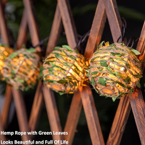 Decorative Lantern String Lights, Outdoor Plug in Hanging Lights with 10 Natural Hemp Rope Leaf Balls, Connectable Weatherproof Patio Globe Boho String Lights for Home Pergola Porch Party Backyard - style: Hemp Rope with Green Leaf Balls