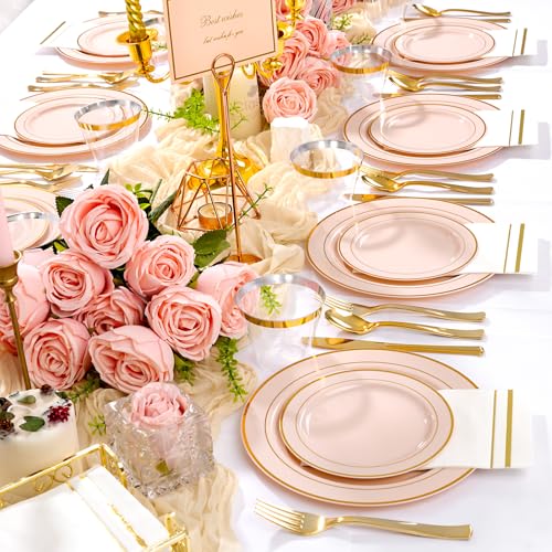 GATHER 700PCS Pink Plastic Plates - Gold Rim Disposable Plastic Dinnerware Set Include 200 Pink Plates, 300 Silverware, 100 Napkins, 100 Cups for Party & Wedding & Mother's Day - color: Pink, size: 100 Guests